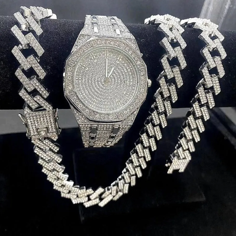 Correntes 3 pcs Iced Out Relógios para Homens Relógio de Ouro 15mm Cuban Link Pulseira Colares Diamante Hip Hop Jóias Homem Clock320s