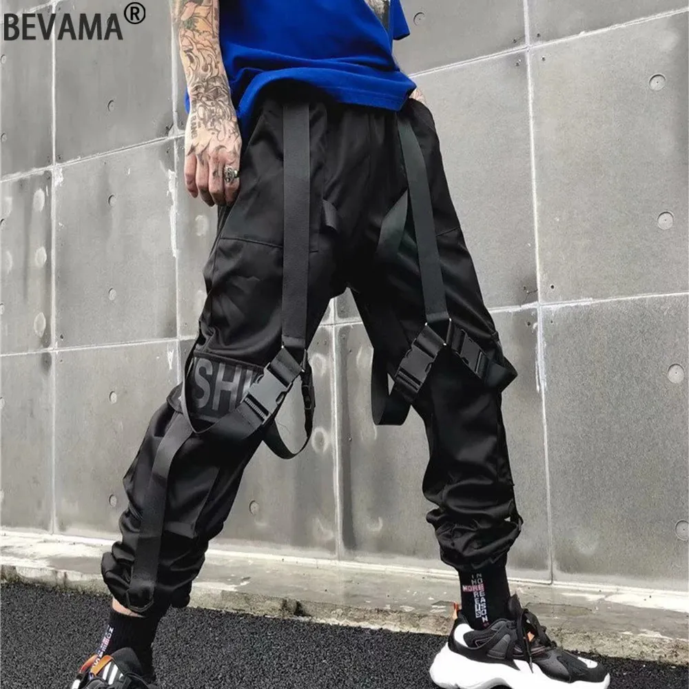 Mens Black Hip Hop Streetwear Cintas Carta Imprimir Pantalones Monos funcionales Sueltos Straight Cargo Sólidos Pantalones Casuales 240305
