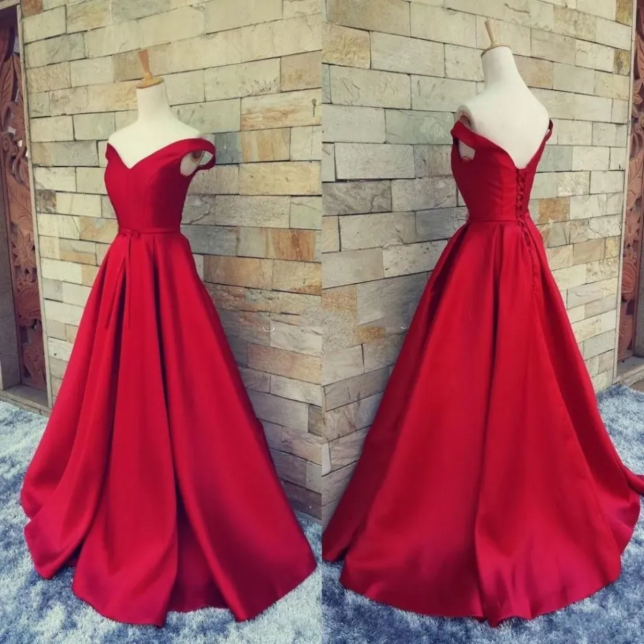 New Simple Dark Red Prom Dresses V Neck Off The Shoulder Ruched Satin Custom Made Backless Corset Evening Gowns Formal Dresses Rea295f