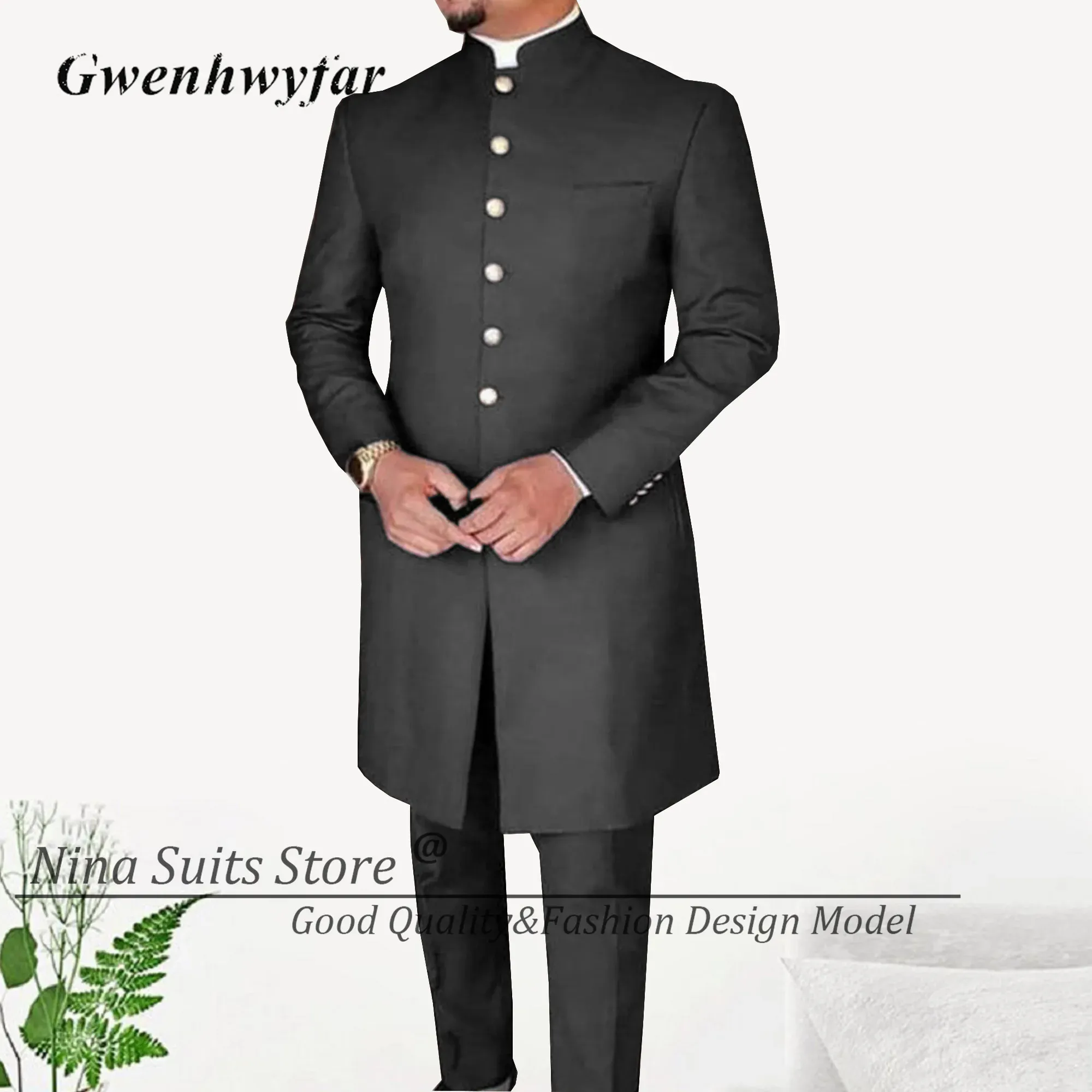 Suits G&N 2024 New Men Suits African Long Jacket Grey Elegant Gold Buttons Groomsmen Party Man Formal Costume 2 Pieces Male Tuxedos