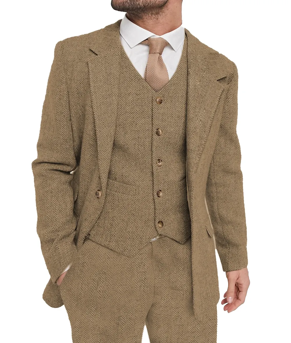 Trajes Trajes de negocios marrones para hombre, esmoquin de champán ajustado, chaqueta de lana + chaleco + pantalón para fiesta, boda, banquete, baile de graduación, disfraz de escenario