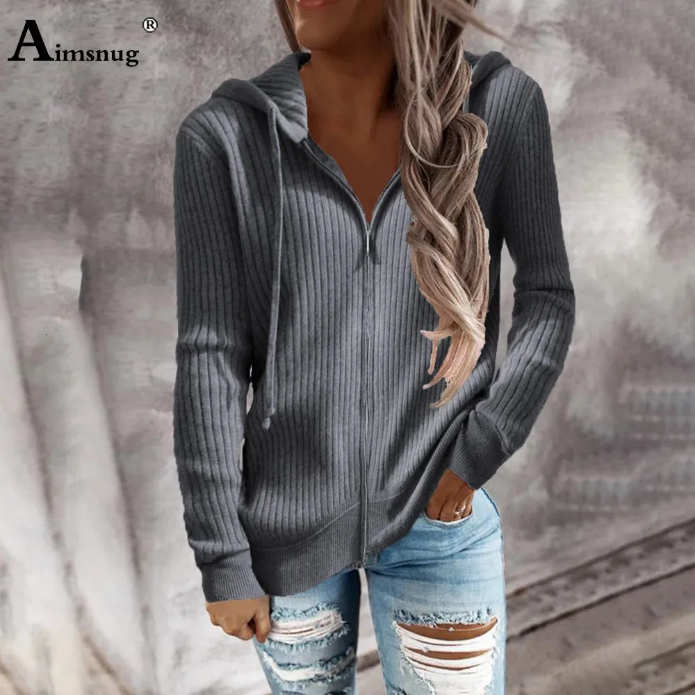 Kvinnor Fashion Hooded Top Grey Black Sticke Sweaters Female Long Sleeve Zipper Cardigans Ladies Streetwear 2023 Autumn tröja 240229