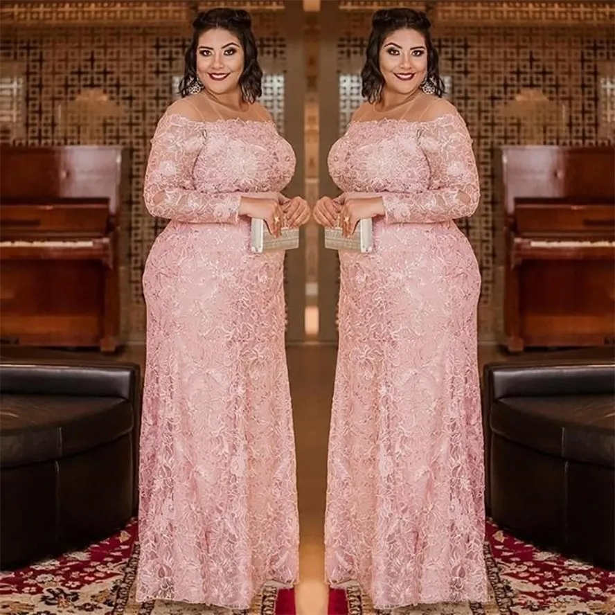 Rose clair, plus la taille des robes de bal en dentelle pure bijou cou manches longues robe de soirée pailletée colonne longueur de plancher robe formelle Abiti 259C