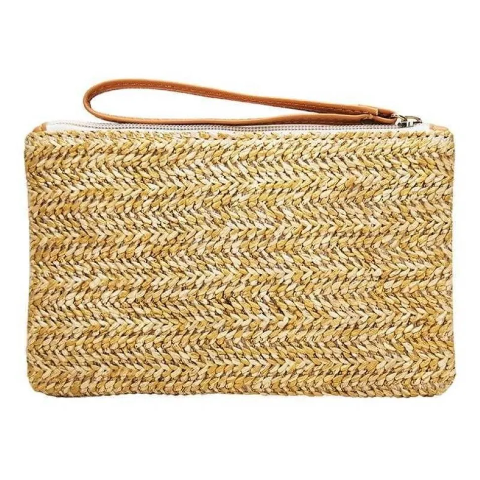 Purces Mini Straw Hand Coin Woven Purse Bag Weaving Clutch Bagsカジュアルサマービーチ携帯電話キーポケットポーチパック