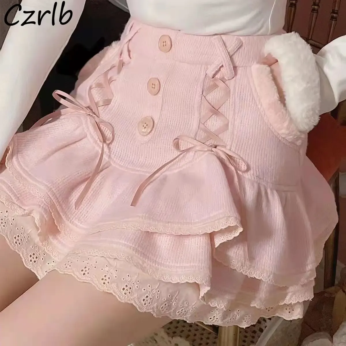 Abiti Fasciatura Abiti da ballo Mini Gonne Donna Rosa Dolce carino Y2k Vestiti Ragazze Acgn Faldas Lavorato a maglia a vita alta Haruku Stile giapponese