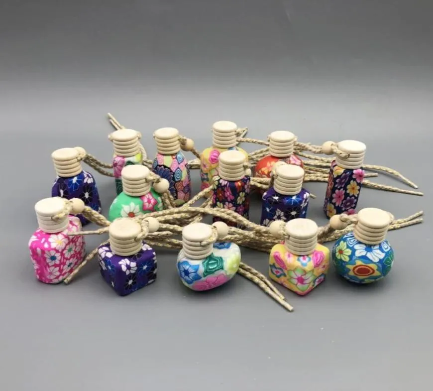 10 15 ml Car Hanging Rope Empty Decoration Bottle Hand Made Polymer Clay Ceramic Essential Oil Perfume Bottle With Wooden Lid7317625