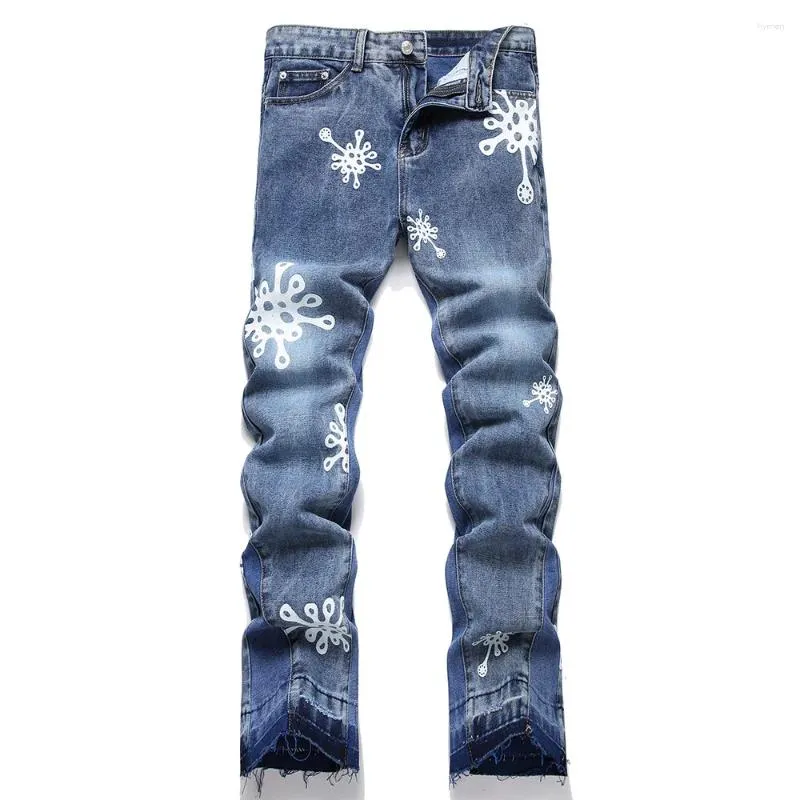 Men's Jeans Men Release Hem Boot Cut Denim Streetwear Pattern Print Pants Blue Non Stretch Straight Trousers