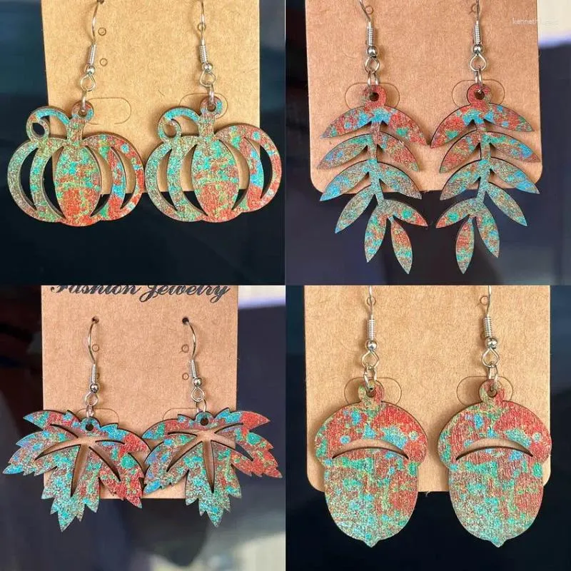 Boucles d'oreilles pendantes Vintage couleur marbrée imprimée, feuille découpée, noix, forme de citrouille, en bois pour femmes, tous les bijoux d'halloween, vente en gros