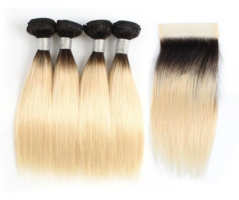 Ombre Blonde Straight Hair Bundles With Closure 1B 613 Dark Roots 50gBundle 1012 Inch 4 Bundles Brazilian Remy Human Hair Extens2534624