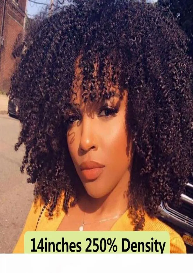 250 Densitet Afro Kinky Curly Spets Front Human Hair Wigs With Bangs Short Bob Lace Frontal Wig For Women Full 4B 4C Black4813635