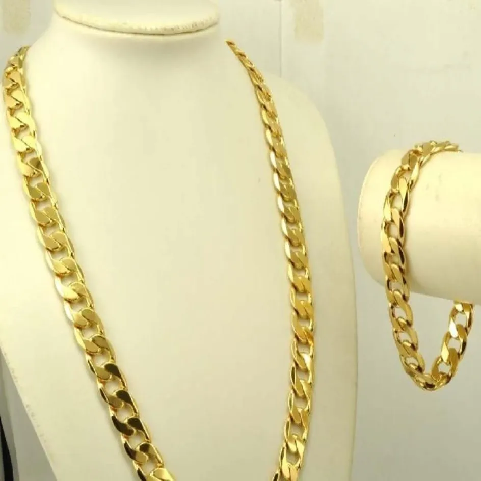 Tunga herrar 24K Real Yellow Solid Gold GF Necklace Armband Set Solid Curb Chain Jewelry Set Classics278Z