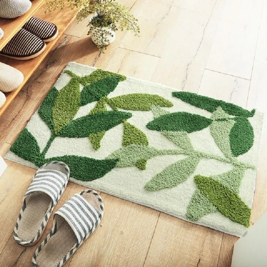 Tapis Feuilles Vertes Épaississement Flocage Tapis De Porte Antidérapant Maison Porche Antidérapant Salle De Bain Absorbant266K