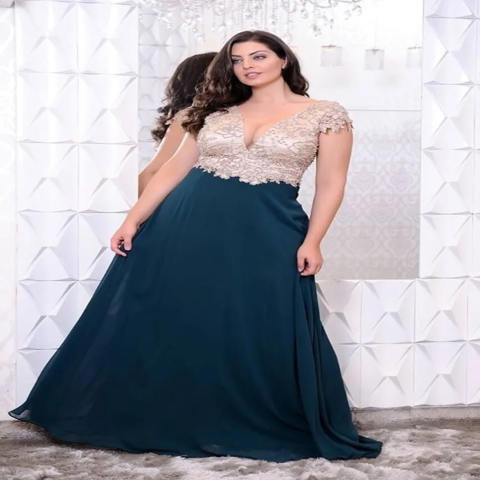 Charmig plus size aftonklänningar Deep V-Neck Beading Prom-klänningar A-Line golvlängd Chiffon Applicques Formell klänning270h