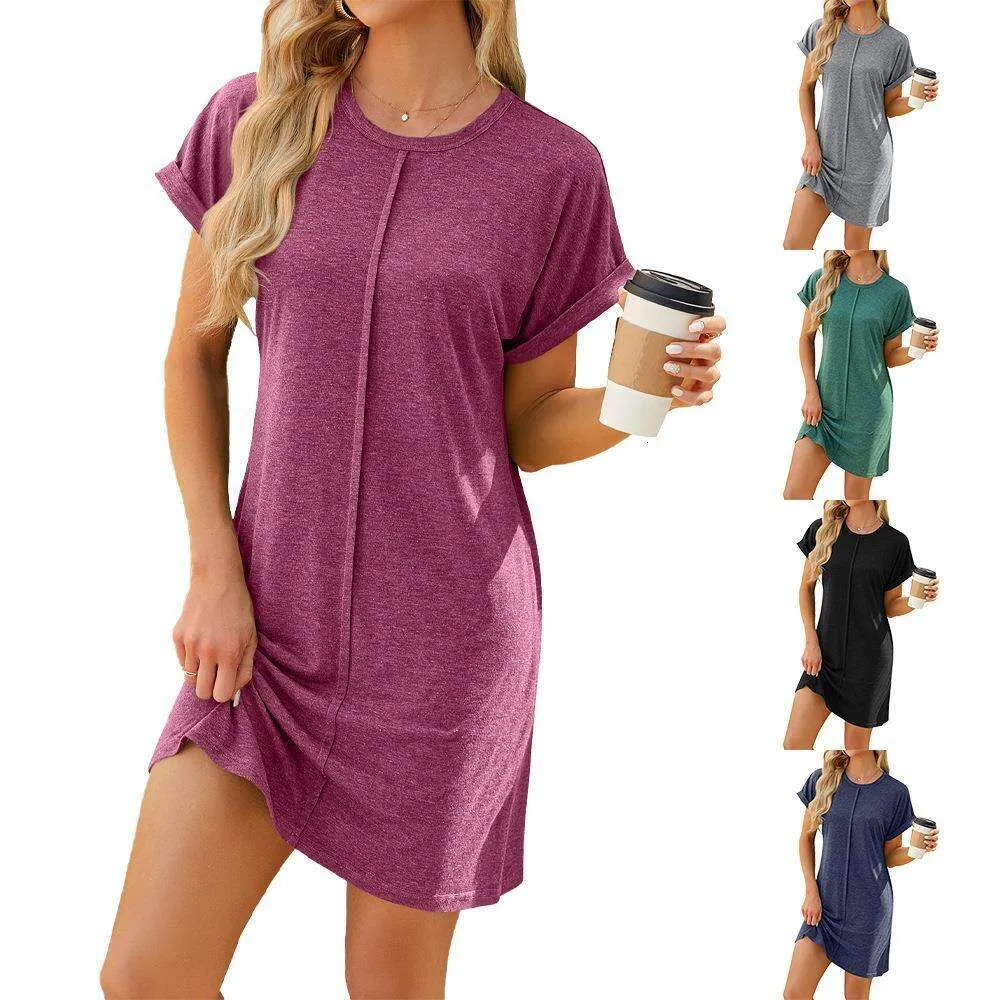 Spring Summer Round Neck Dress Solid Color Short Sleeve Loose For Women