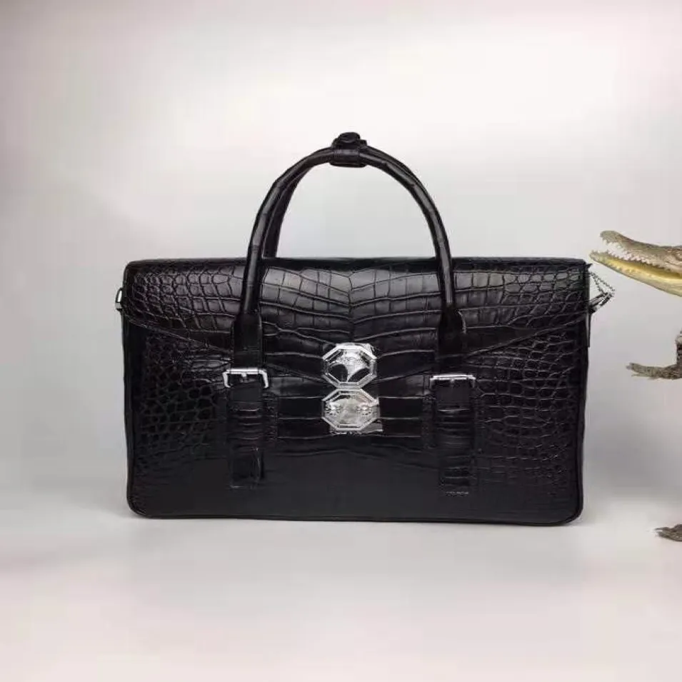 Qualité véritable peau de crocodile véritable ventre en cuir hommes mallette d'affaires sac pochette d'ordinateur avec matériel en acier inoxydable 262p