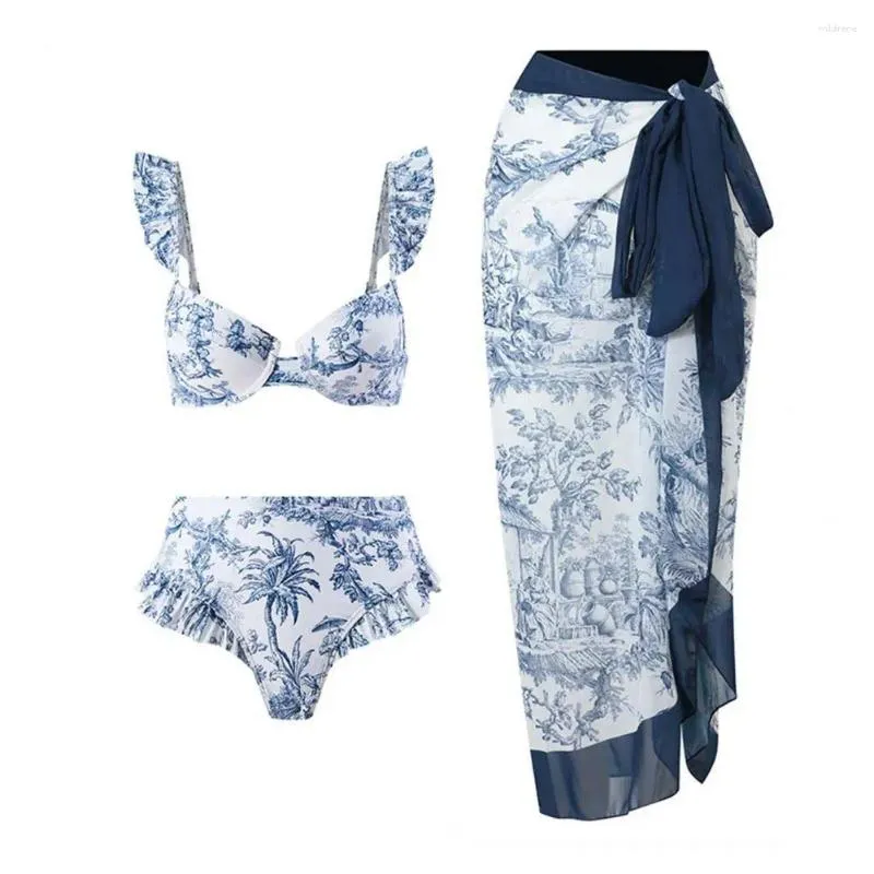 Damen-Bademode, Bohemian-Badeanzug-Set, Bikini im Bohemia-Stil mit Rüschenärmeln, Bandeau-BH, hohe Taille, Blumendruck, Strand-Cover-Up-Rock