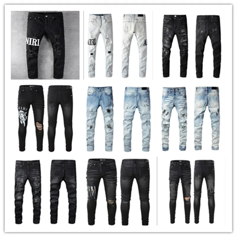 Designer Mens Purple Jeans For Mens Denim Pants Fashion Womens Purple-varumärket Trender Ejressed Black Ripped Biker Slim Fit Motorcykel Sweatpants Ny