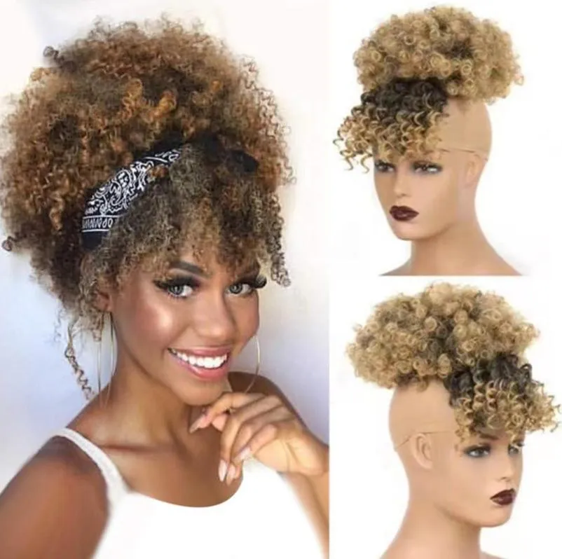 Parrucche sintetiche Afro Puff Chignon Coda di cavallo Coulisse con frangia Corto riccio crespo Ananas Coda di cavallo Clip In On Wrap Updo2430568