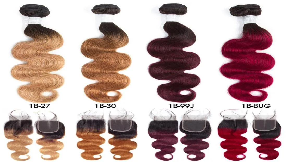 Cheveux indiens crus précolorés 3 paquets avec fermeture 1b27 Ombre T1B99J cheveux humains vague de corps tisse des paquets avec fermeture T1B30 T1B5329336