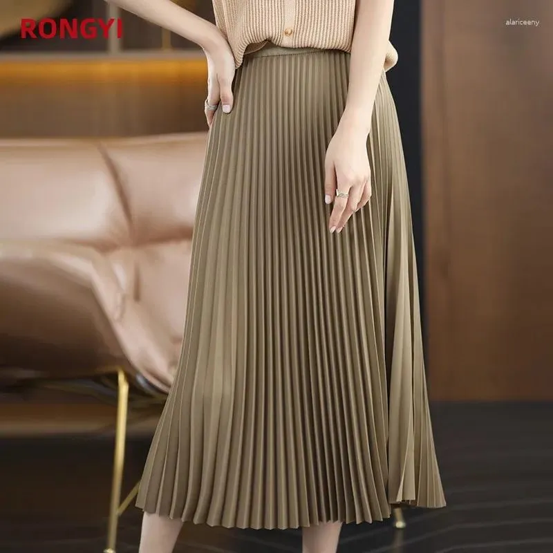 Skirts RONGYI Summer Skirt Ladies Loose Solid Color Long Slim Versatile Satin Polyester Fashion Pleated High Waist Woman A-line Ski