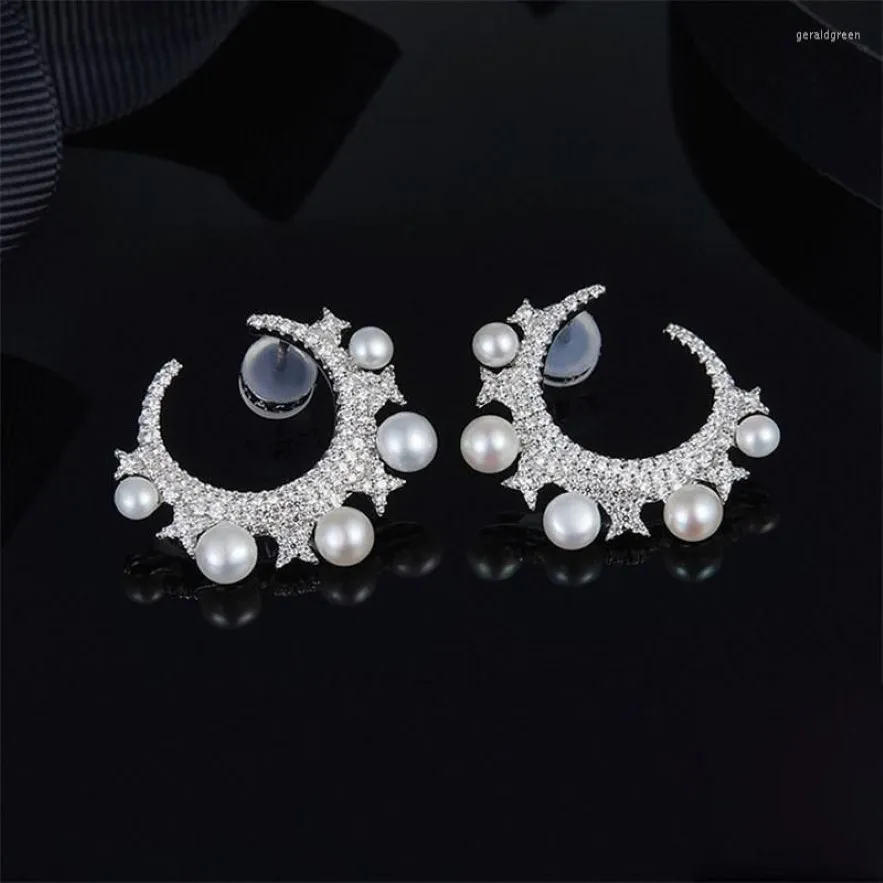 Boucles d'oreilles en argent Sterling 925, perle, zircone cubique, étoile, lune, de styliste élégant, bijoux de mariage pour femmes, 310u