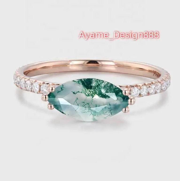 Rose Gold Vermeil Jewelry 925 Sterling Silver Marquise Shape Natural Moss Agate Ring For Girl