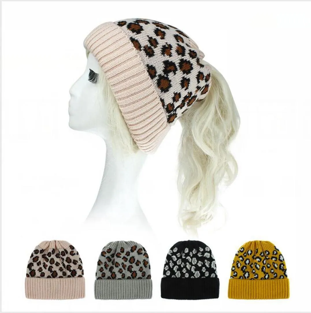 Cappello a coda di cavallo leopardato lavorato a maglia Berretti da donna Skullies Inverno caldo lavoro a maglia da sci all'aperto Berretto da cofano casual 6 stili LJJP5883262345