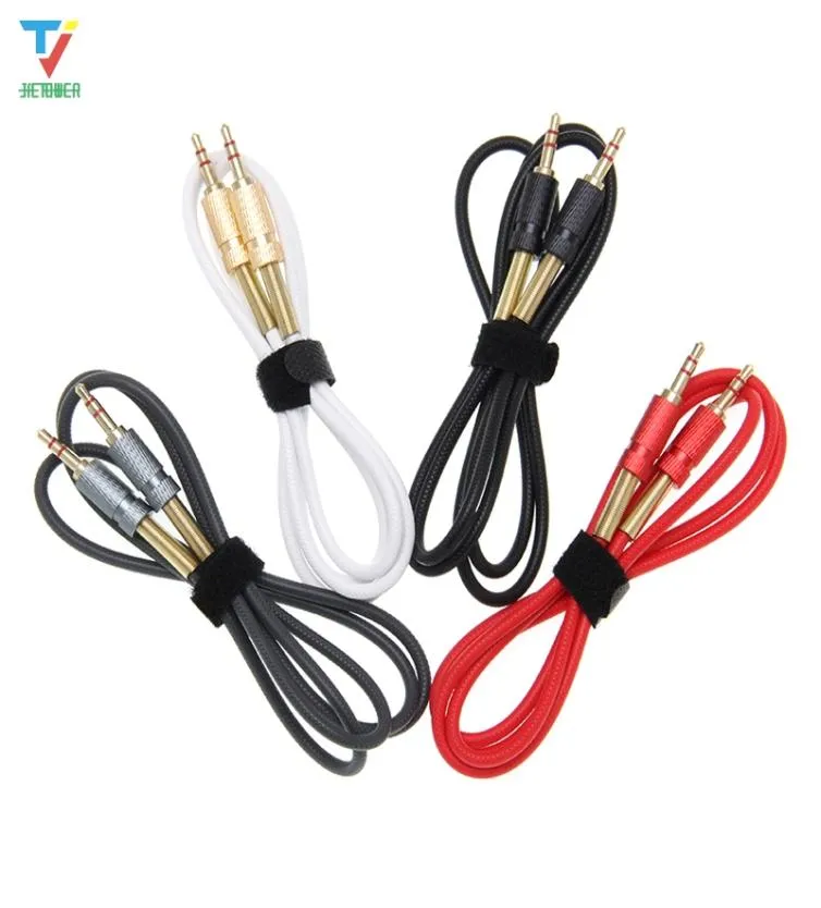 500 pcslot 1 m 35mm AUX Male naar Male Audio Kabel Koord Vergulde lente beschermen beschermende voor Telefoon auto Speaker2061604