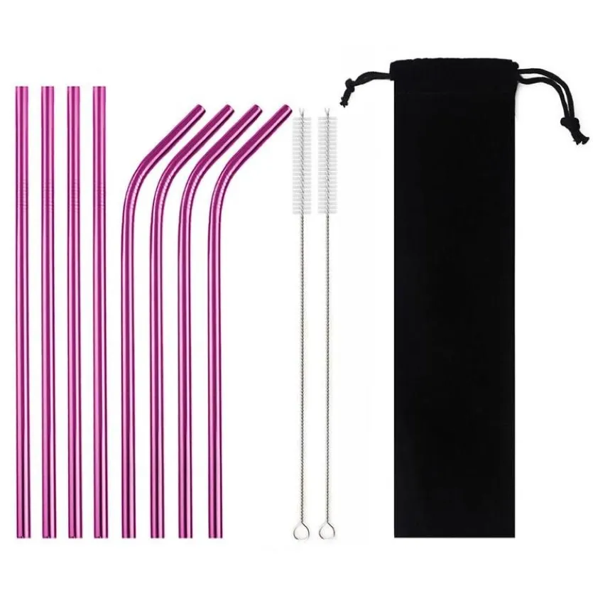 Pailles à boire réutilisables, ensemble de pailles en acier inoxydable 304, métal de haute qualité coloré avec brosse de nettoyage, sac, accessoire de barre 183d