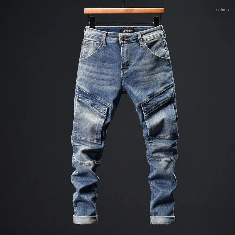 Heren jeans motorfiets ing mode retro blauw casual persoonlijkheid design street trend jeugd broek