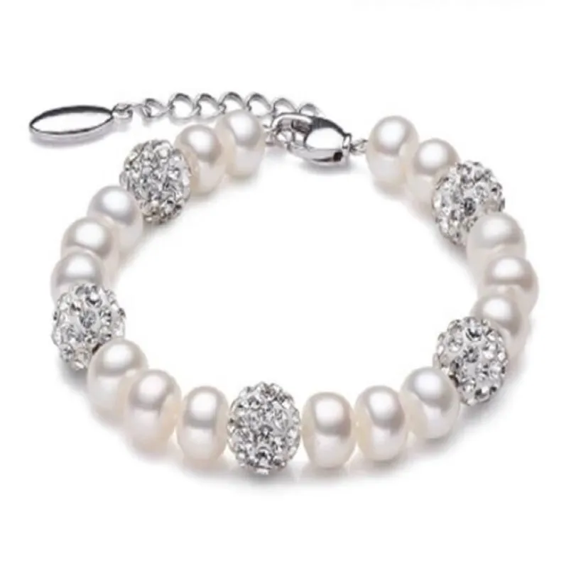 Vero e proprio bellissimo braccialetto di perle d'acqua dolce da donna, braccialetto di perle bianche coltivate da sposa, gioielli in argento 925, regalo di compleanno per ragazza GB7732526