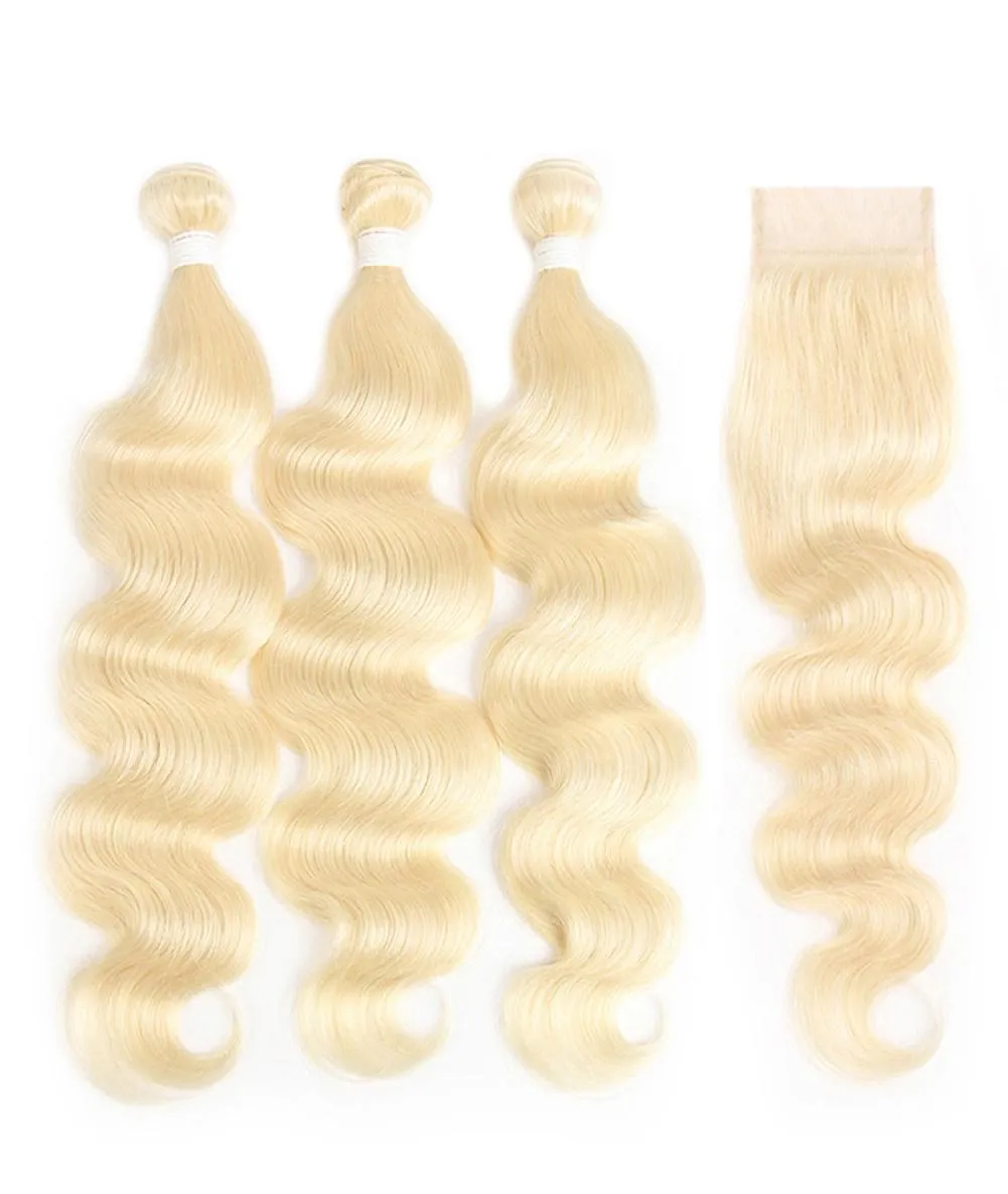 Brasilianska jungfruliga hårkroppsvågbuntar med stängning med babyhår 613 Blond 3st 100 Human Hair Weave -buntar med 44 spetsar CL9628944