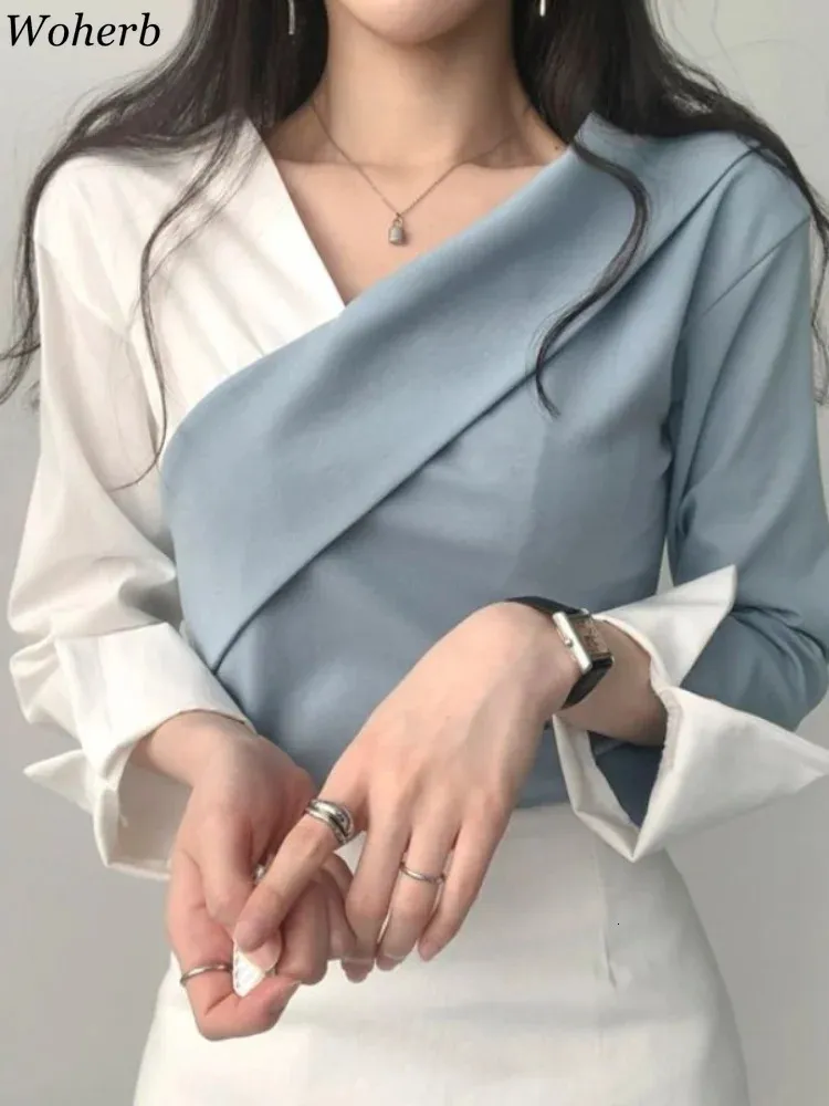 Woherb Y2k винтажные женские топы с зубцами, корейский шикарный пуловер с длинными рукавами контрастного цвета, 2024 вечерние тонкие универсальные сексуальные рубашки 240307