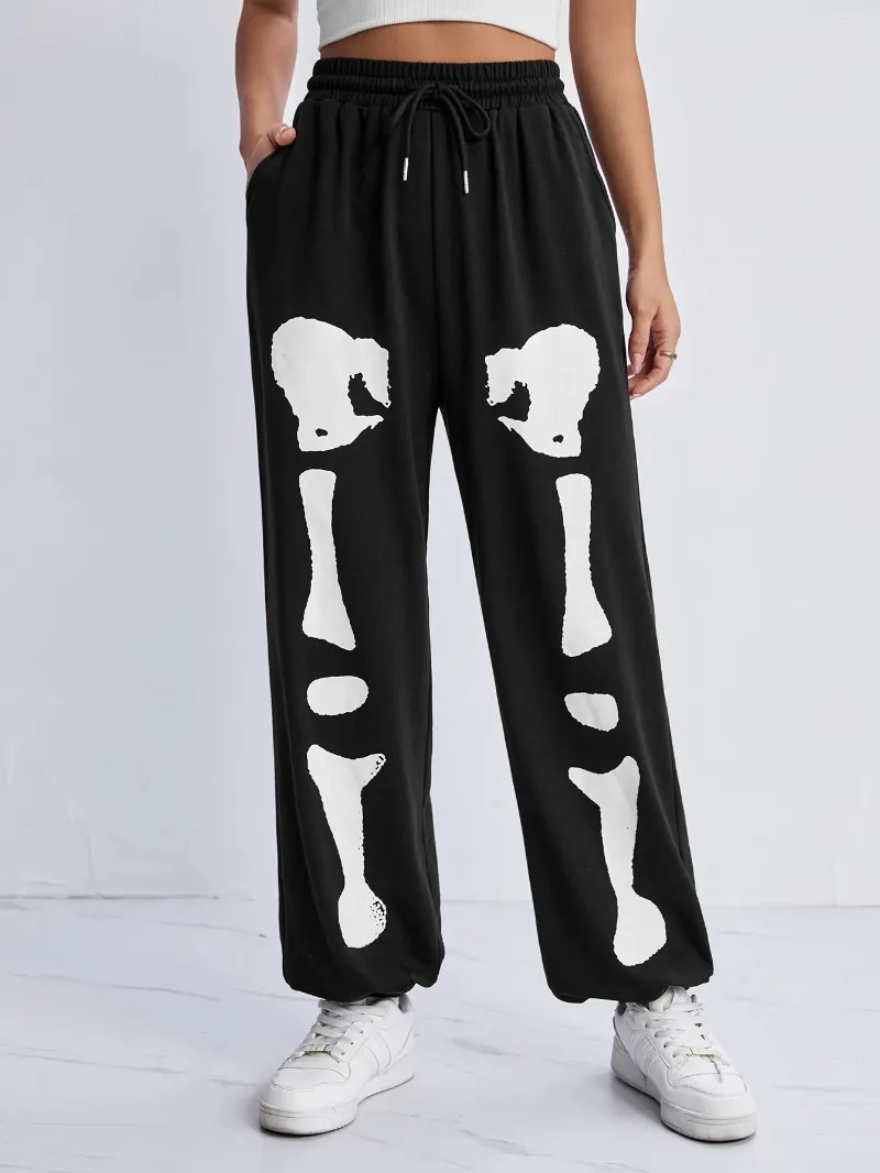 Calças femininas Bold Shade Mall Gótico Esqueleto Gráfico Sweatpants Halloween Grunge Punk Casual Mulheres Cintura Alta Shirring Outono Bottoms