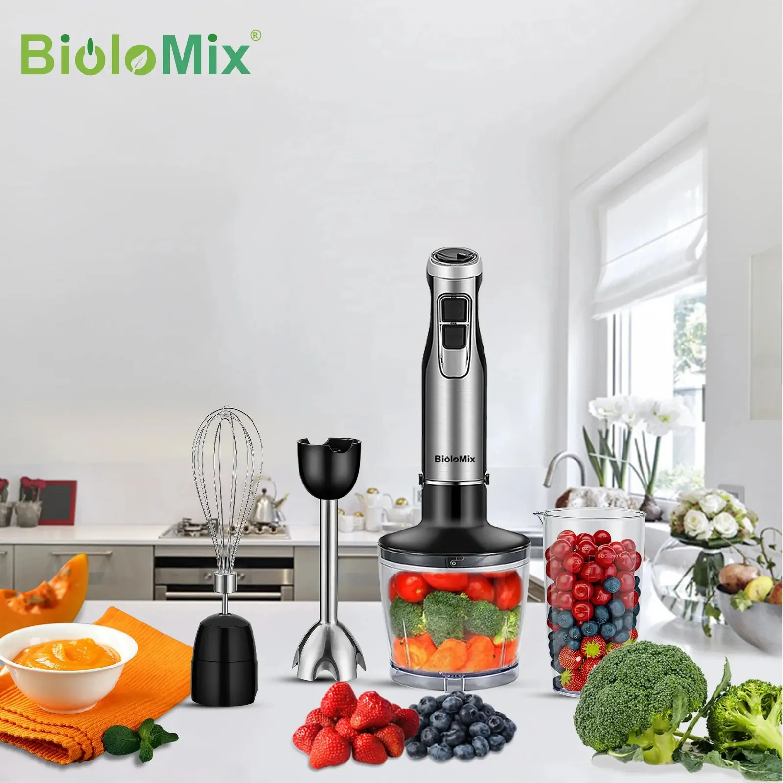 Misturador de mão de imersão 4 em 1 de alta potência 1200W inclui picador e copo de smoothie lâminas de gelo de aço inoxidávelBioloMix 240228