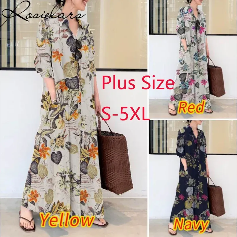 Klänning 2023 Summer Dress Plus Size 3XL 4XL 5XL Bomull Linen Pocket Maxi Dress for Women Bluses Streetwear Loose Long Dresses