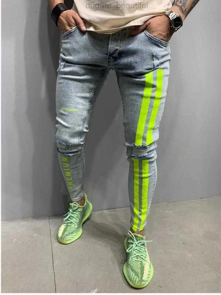 Jeans hommes maigre rayé fermeture éclair Denim trou lavage Vintage Hip Hop travail pantalon Slim imprimé jeans européen grande taille hommes vêtements