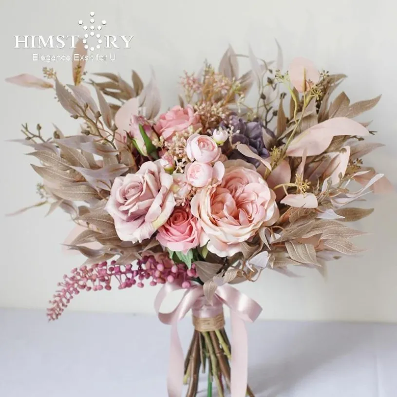 Wedding Flowers Himstory Vintage Artifical Dusty Pink Bukiety Romantyczne piwonie ślubne ręcznie robione jedwabne różowe narzeczone ręce flor211o