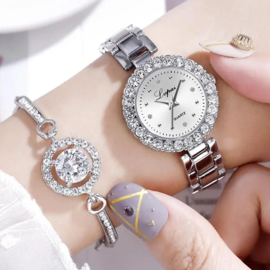 Montres-bracelets Romantique Diamant Femmes Montres Bracelet Ensemble Plein Cristal Argent Ceinture En Acier Montre Femme Cadeau Bracelet De Luxe Miroir Clo281d