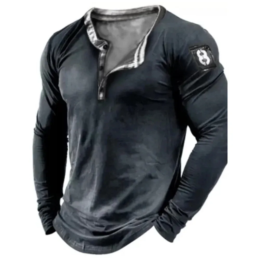 Футболка с надписью Henley, одежда для спортзала, мужская летняя футболка большого размера, топы с длинным рукавом и v-образным вырезом, уличная одежда, винтажный весенний пуловер 240226