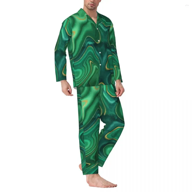 Men's Sleepwear Pajamas Men Liquid Print Night Green Yellow Abstract 2 Piece Retro Pajama Set Long Sleeves Soft Oversized Home Suit