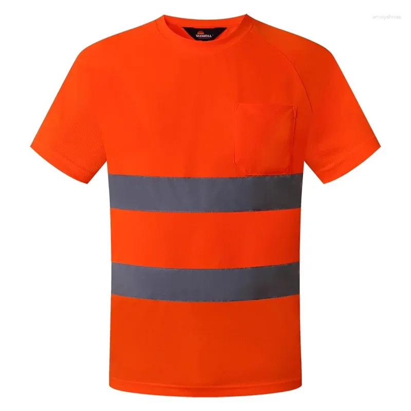 Męskie koszule T Wysoka widoczność Bezpieczeństwo z paskami i kieszonkową Szybką suchą odblaskową siatką T-shirt z krótkim rękawem
