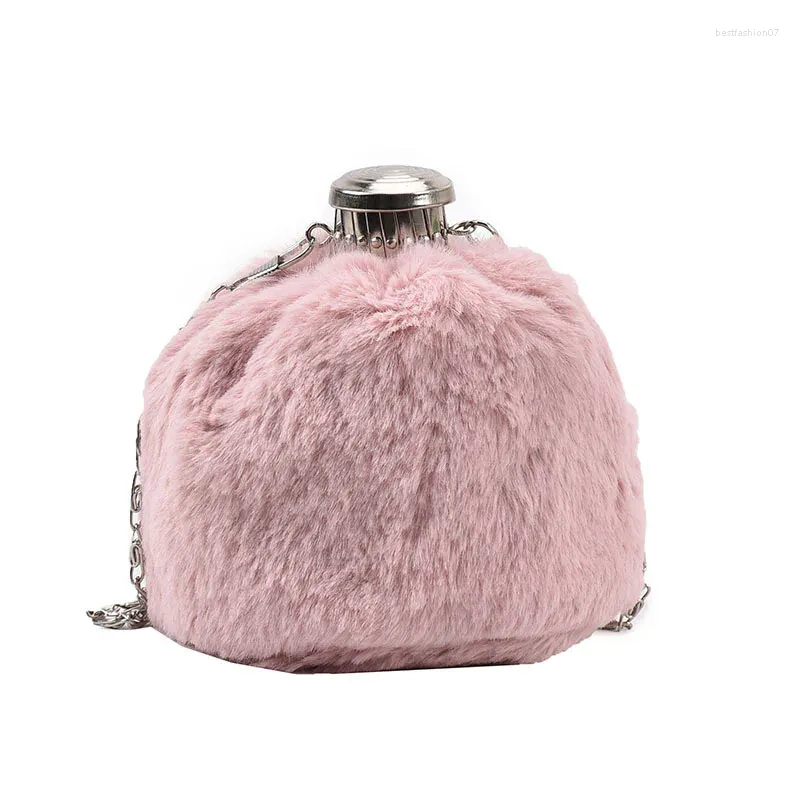 Sacs de soirée Femmes Automne et hiver Peluche Petit sac rond Dîner Bouteille de vin Main Clé de pièce de monnaie