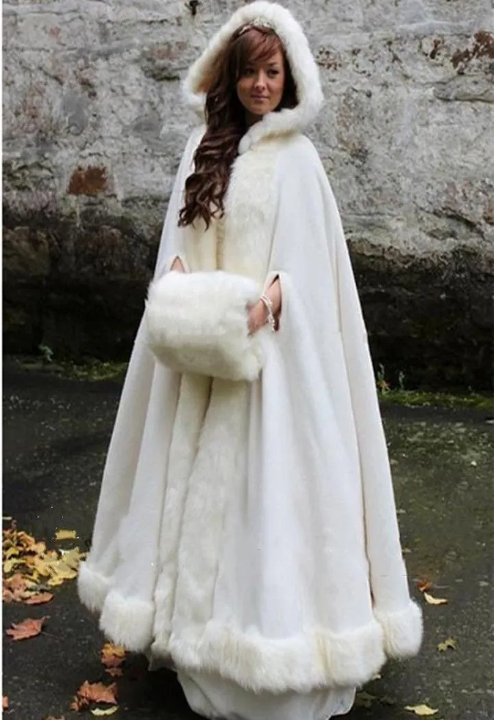 Formella kappor Huven Golvlängd Fabulous Clasp Fur Cloak med Muff och Hoody Winter Cape Wedding Party Jacket3920798