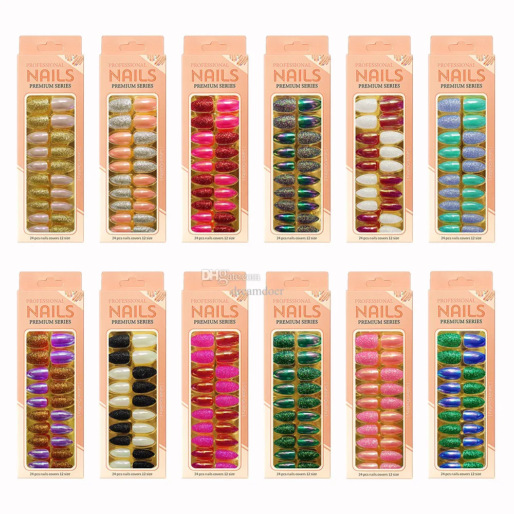 Strumenti per nail art all'ingrosso Unghie finte colorate 24 punte Adesivo per unghie finte scintillanti a forma di mandorla con adesivi trasparenti per colla gelatina