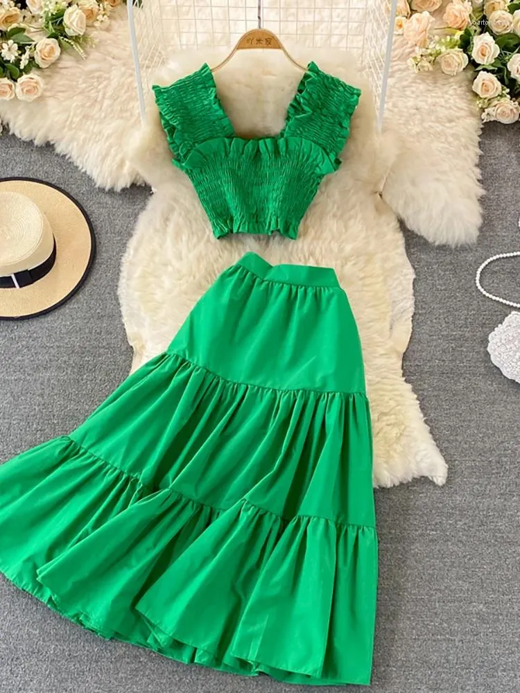 Work Dresses Summer Women Green/Yellow/White Two Piece Set Vintage Square Collar Sleeveless Short Tops High Waist Midi Skirt Beach Suit