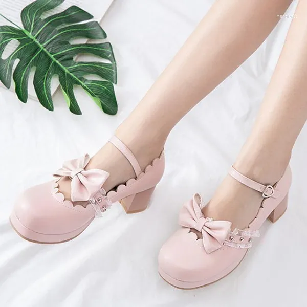 Klädskor pxelena lolita flickor mary janes bowknot prinsessan ruffles japansk söt brud bröllop fest pumpar cosplay rosa 34-43