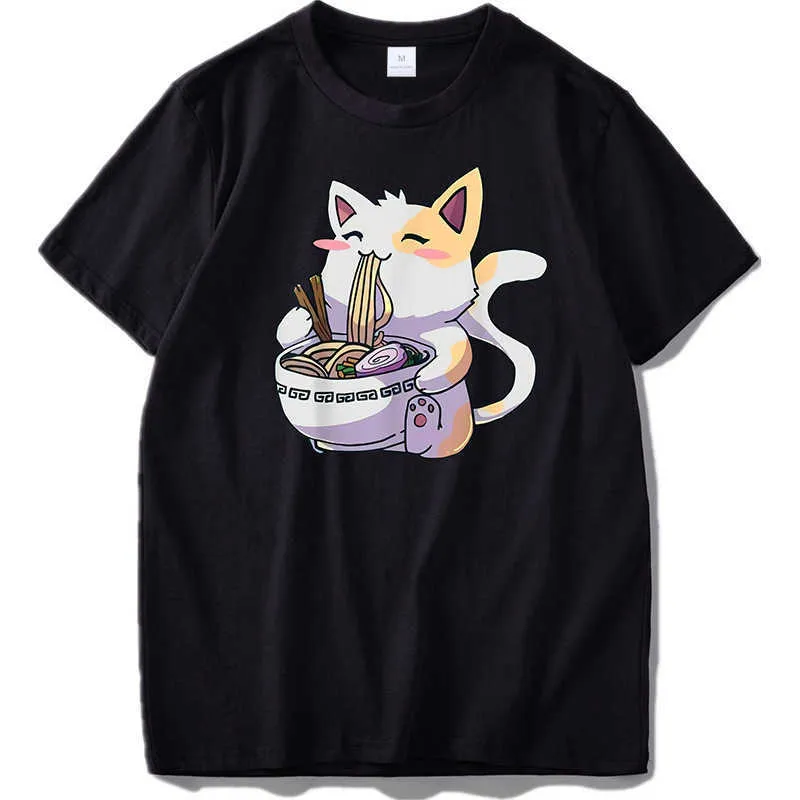 Ramen Cat Kawaii T-shirt Col Rond Femmes Manches Courtes Vêtements Imprimés