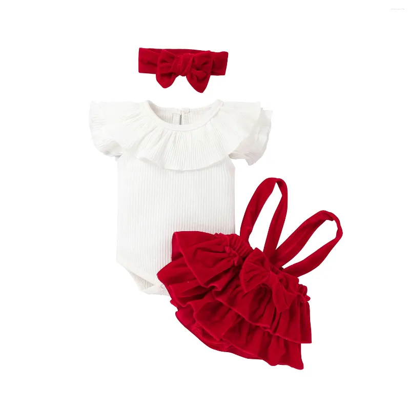 Kläder set citgeesummer född baby flickor tre-stycken set ribbad flygande ärm ruffled romper sammet suspender kjol kläder