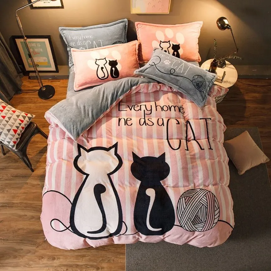 Luxury Bedding Set Flannel Cartoon Pink Cat Duvet Cover Set Queen Size Bed Linen Valentine Cute Bed Sheet Kids Bedding T200706281L